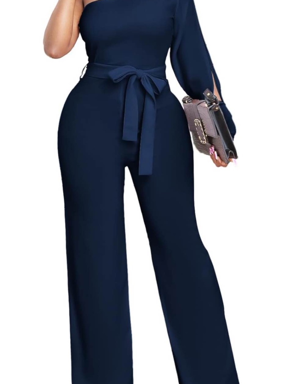 Women's One-Shoulder Navy Jumpsuit with Belt